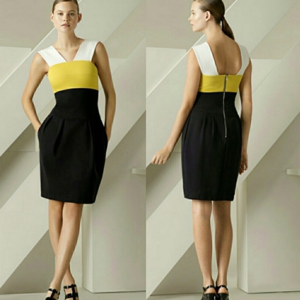 Lida Baday Chartreuse Black Color block Ponte Knit Bodycon Dress W-680 Sz 4